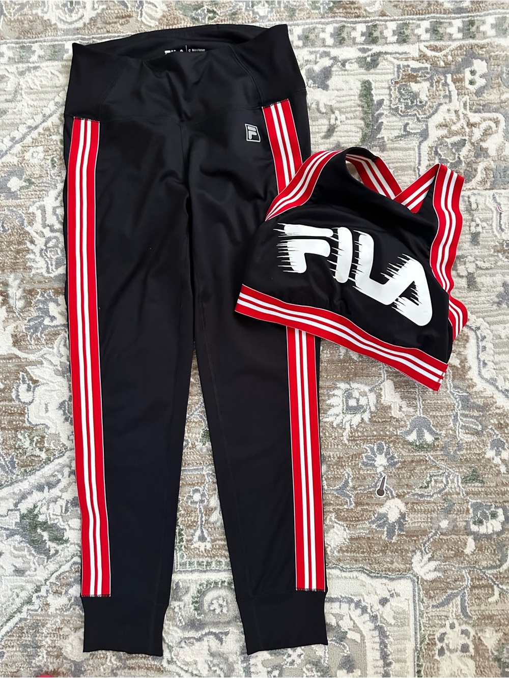 Fila Black Botton and Red-Striped Sports Bra Workout Set